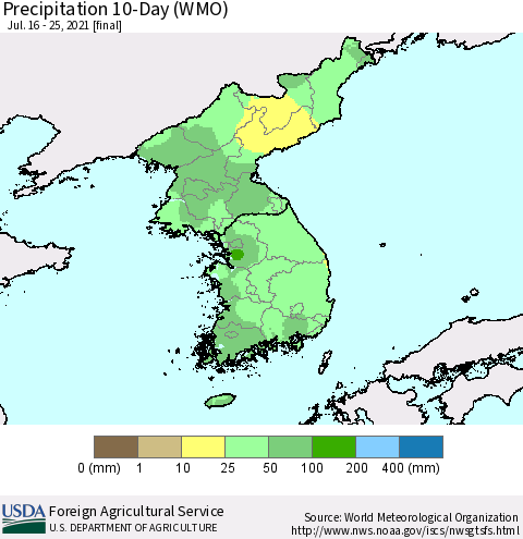 Korea Precipitation 10-Day (WMO) Thematic Map For 7/16/2021 - 7/25/2021