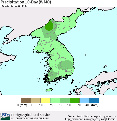 Korea Precipitation 10-Day (WMO) Thematic Map For 7/21/2021 - 7/31/2021