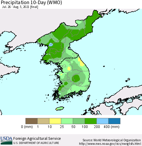 Korea Precipitation 10-Day (WMO) Thematic Map For 7/26/2021 - 8/5/2021