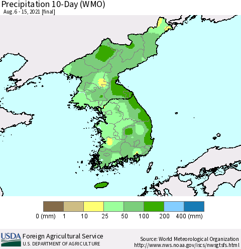 Korea Precipitation 10-Day (WMO) Thematic Map For 8/6/2021 - 8/15/2021