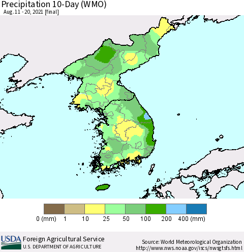 Korea Precipitation 10-Day (WMO) Thematic Map For 8/11/2021 - 8/20/2021