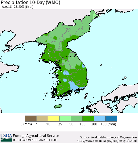 Korea Precipitation 10-Day (WMO) Thematic Map For 8/16/2021 - 8/25/2021