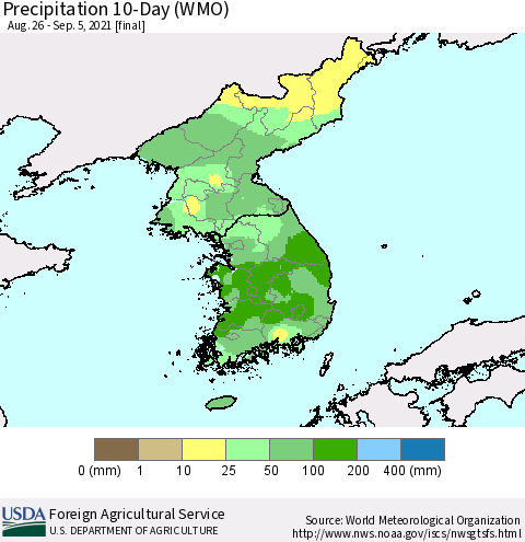 Korea Precipitation 10-Day (WMO) Thematic Map For 8/26/2021 - 9/5/2021