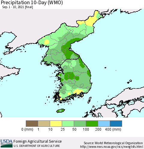Korea Precipitation 10-Day (WMO) Thematic Map For 9/1/2021 - 9/10/2021