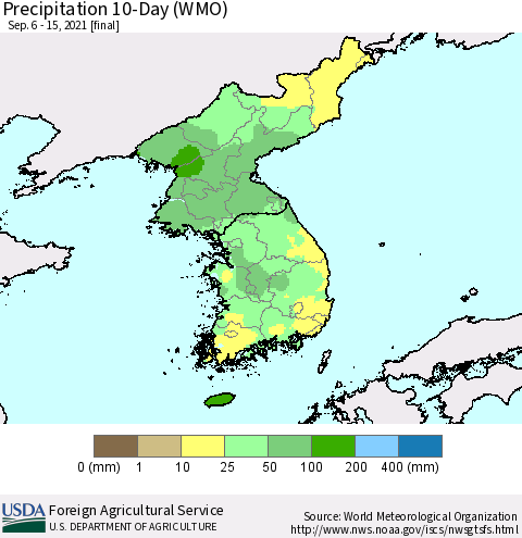 Korea Precipitation 10-Day (WMO) Thematic Map For 9/6/2021 - 9/15/2021