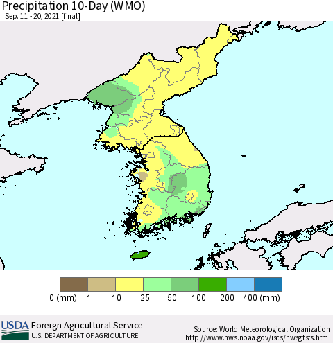 Korea Precipitation 10-Day (WMO) Thematic Map For 9/11/2021 - 9/20/2021