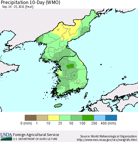 Korea Precipitation 10-Day (WMO) Thematic Map For 9/16/2021 - 9/25/2021