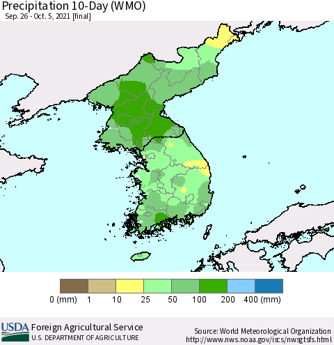 Korea Precipitation 10-Day (WMO) Thematic Map For 9/26/2021 - 10/5/2021