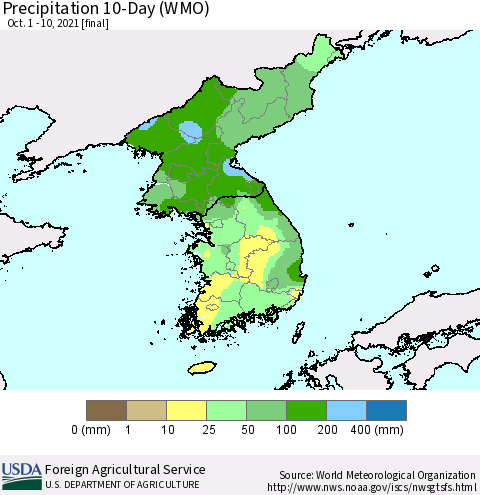 Korea Precipitation 10-Day (WMO) Thematic Map For 10/1/2021 - 10/10/2021