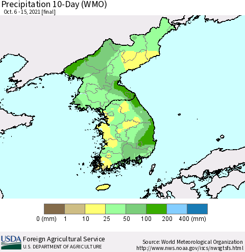 Korea Precipitation 10-Day (WMO) Thematic Map For 10/6/2021 - 10/15/2021