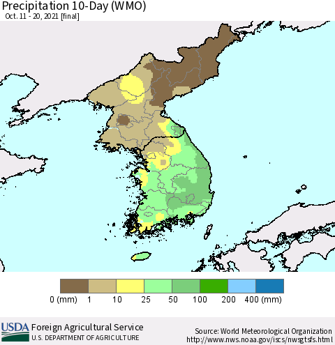 Korea Precipitation 10-Day (WMO) Thematic Map For 10/11/2021 - 10/20/2021
