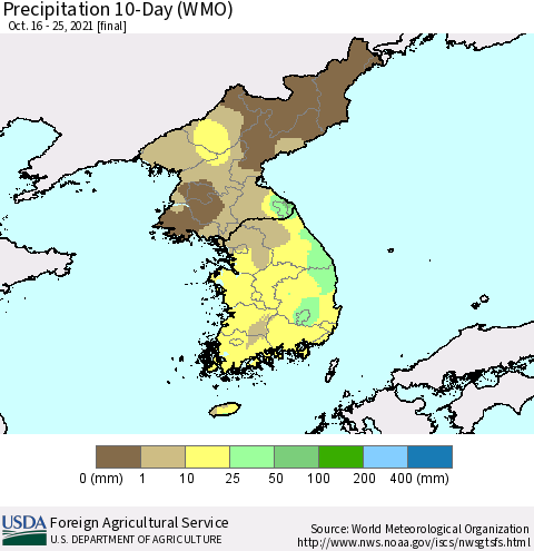Korea Precipitation 10-Day (WMO) Thematic Map For 10/16/2021 - 10/25/2021