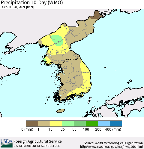 Korea Precipitation 10-Day (WMO) Thematic Map For 10/21/2021 - 10/31/2021
