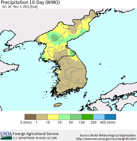 Korea Precipitation 10-Day (WMO) Thematic Map For 10/26/2021 - 11/5/2021