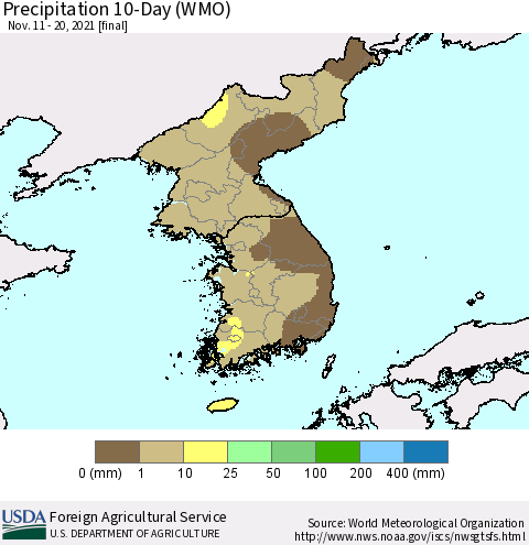 Korea Precipitation 10-Day (WMO) Thematic Map For 11/11/2021 - 11/20/2021