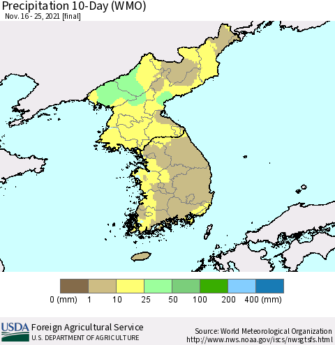 Korea Precipitation 10-Day (WMO) Thematic Map For 11/16/2021 - 11/25/2021