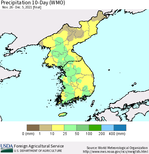 Korea Precipitation 10-Day (WMO) Thematic Map For 11/26/2021 - 12/5/2021