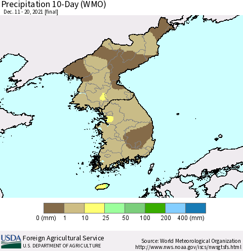 Korea Precipitation 10-Day (WMO) Thematic Map For 12/11/2021 - 12/20/2021