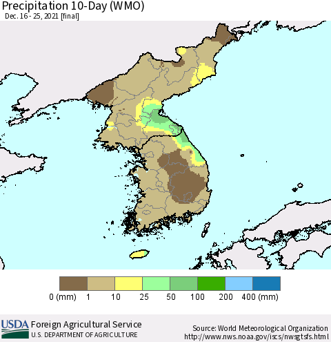 Korea Precipitation 10-Day (WMO) Thematic Map For 12/16/2021 - 12/25/2021