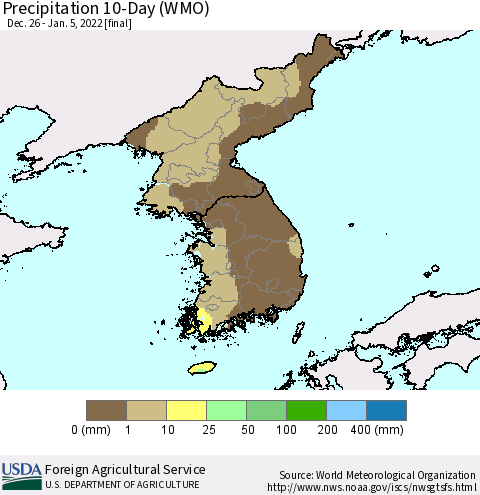 Korea Precipitation 10-Day (WMO) Thematic Map For 12/26/2021 - 1/5/2022