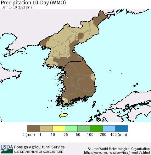 Korea Precipitation 10-Day (WMO) Thematic Map For 1/1/2022 - 1/10/2022