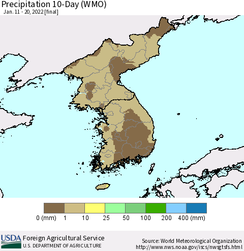Korea Precipitation 10-Day (WMO) Thematic Map For 1/11/2022 - 1/20/2022