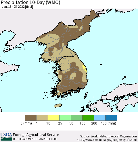 Korea Precipitation 10-Day (WMO) Thematic Map For 1/16/2022 - 1/25/2022