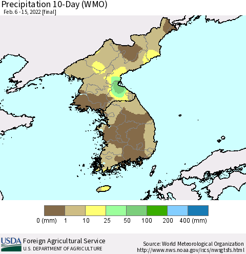 Korea Precipitation 10-Day (WMO) Thematic Map For 2/6/2022 - 2/15/2022