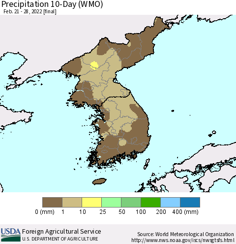 Korea Precipitation 10-Day (WMO) Thematic Map For 2/21/2022 - 2/28/2022