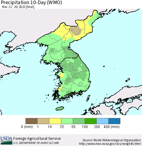 Korea Precipitation 10-Day (WMO) Thematic Map For 3/11/2022 - 3/20/2022