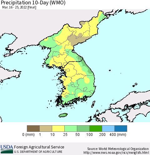 Korea Precipitation 10-Day (WMO) Thematic Map For 3/16/2022 - 3/25/2022