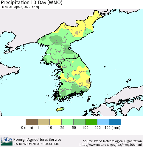 Korea Precipitation 10-Day (WMO) Thematic Map For 3/26/2022 - 4/5/2022