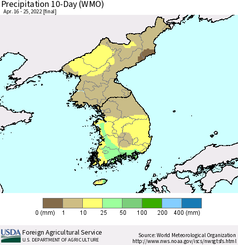 Korea Precipitation 10-Day (WMO) Thematic Map For 4/16/2022 - 4/25/2022