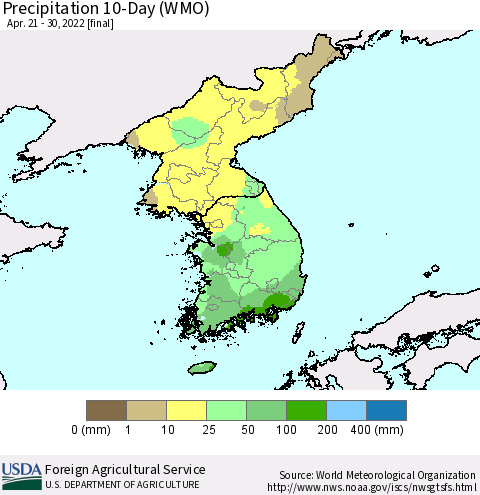 Korea Precipitation 10-Day (WMO) Thematic Map For 4/21/2022 - 4/30/2022