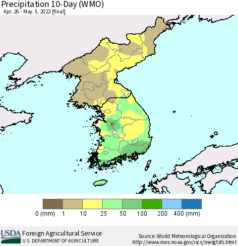 Korea Precipitation 10-Day (WMO) Thematic Map For 4/26/2022 - 5/5/2022