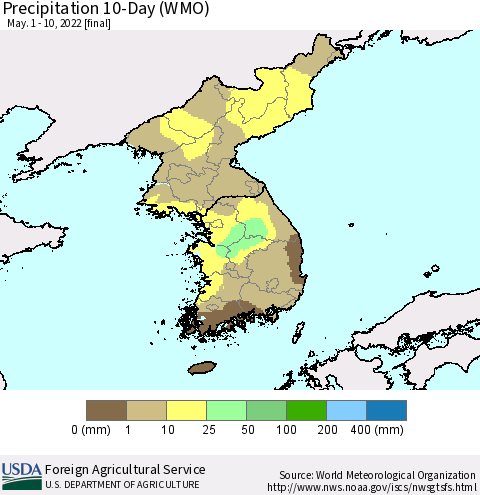 Korea Precipitation 10-Day (WMO) Thematic Map For 5/1/2022 - 5/10/2022