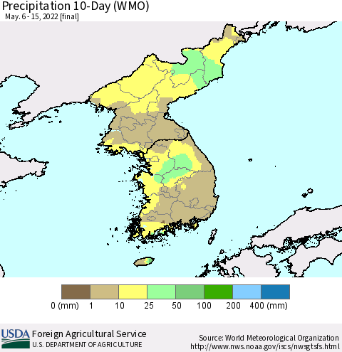 Korea Precipitation 10-Day (WMO) Thematic Map For 5/6/2022 - 5/15/2022