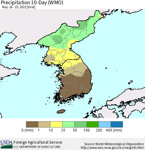 Korea Precipitation 10-Day (WMO) Thematic Map For 5/16/2022 - 5/25/2022