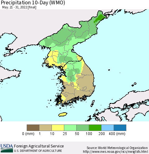 Korea Precipitation 10-Day (WMO) Thematic Map For 5/21/2022 - 5/31/2022