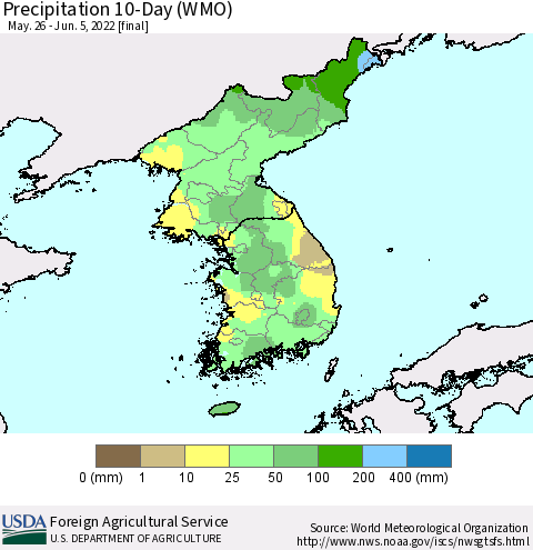Korea Precipitation 10-Day (WMO) Thematic Map For 5/26/2022 - 6/5/2022