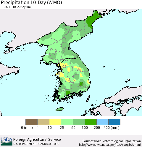 Korea Precipitation 10-Day (WMO) Thematic Map For 6/1/2022 - 6/10/2022