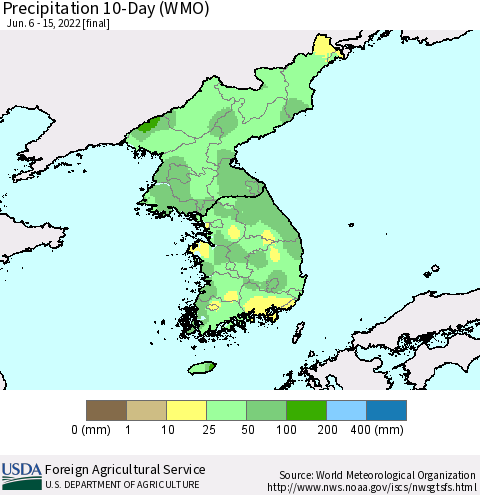 Korea Precipitation 10-Day (WMO) Thematic Map For 6/6/2022 - 6/15/2022