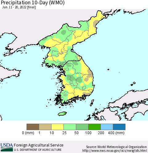 Korea Precipitation 10-Day (WMO) Thematic Map For 6/11/2022 - 6/20/2022