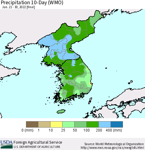 Korea Precipitation 10-Day (WMO) Thematic Map For 6/21/2022 - 6/30/2022
