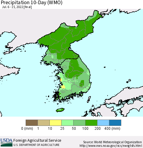 Korea Precipitation 10-Day (WMO) Thematic Map For 7/6/2022 - 7/15/2022