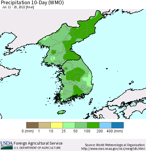 Korea Precipitation 10-Day (WMO) Thematic Map For 7/11/2022 - 7/20/2022