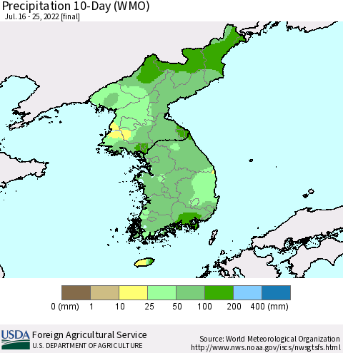 Korea Precipitation 10-Day (WMO) Thematic Map For 7/16/2022 - 7/25/2022