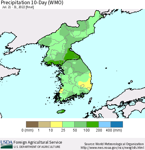 Korea Precipitation 10-Day (WMO) Thematic Map For 7/21/2022 - 7/31/2022