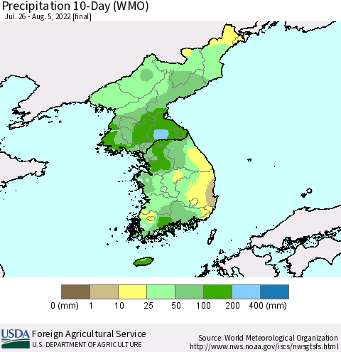 Korea Precipitation 10-Day (WMO) Thematic Map For 7/26/2022 - 8/5/2022