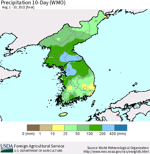 Korea Precipitation 10-Day (WMO) Thematic Map For 8/1/2022 - 8/10/2022